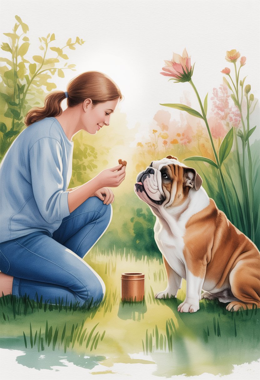 A person training a bulldog outdoors in a garden, offering a treat while the dog sits attentively.