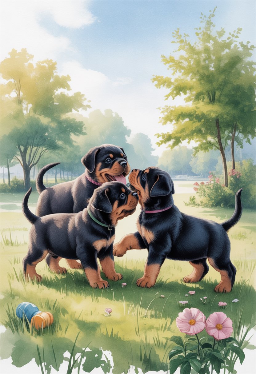 A group of Rottweiler puppies playing together in a sunny park with trees and flowers.