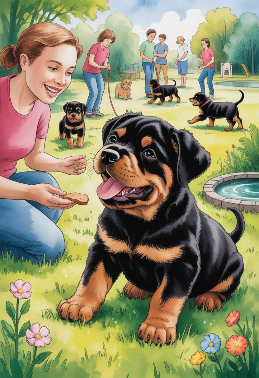 A happy Rottweiler puppy playing and interacting with people and other puppies in a sunny park surrounded by trees and flowers.