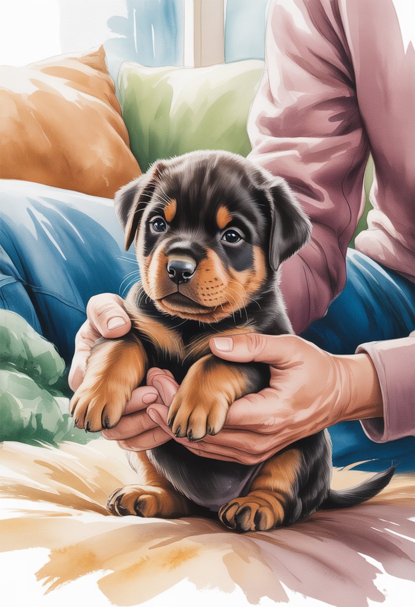 A person gently holding a young Rottweiler puppy, creating a warm and trusting moment between them.