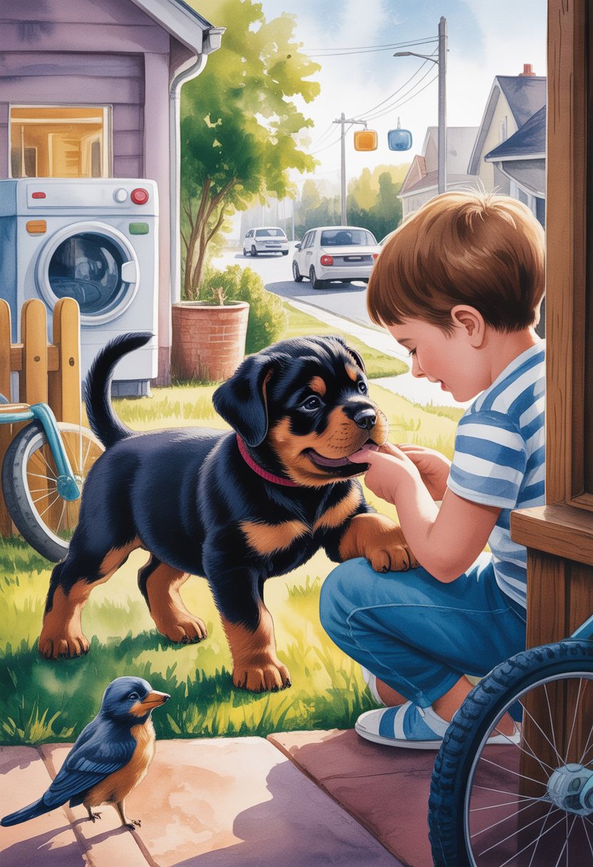 A young Rottweiler puppy playing with a child in a backyard near a house with a street and passing cars in the background.