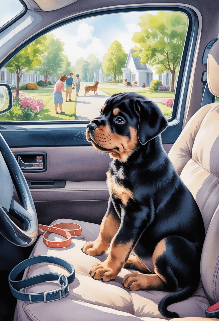 A young Rottweiler puppy sitting calmly inside a car during a short ride, looking out the window at a peaceful neighborhood with trees and flowers, with a park and other dogs visible in the background.