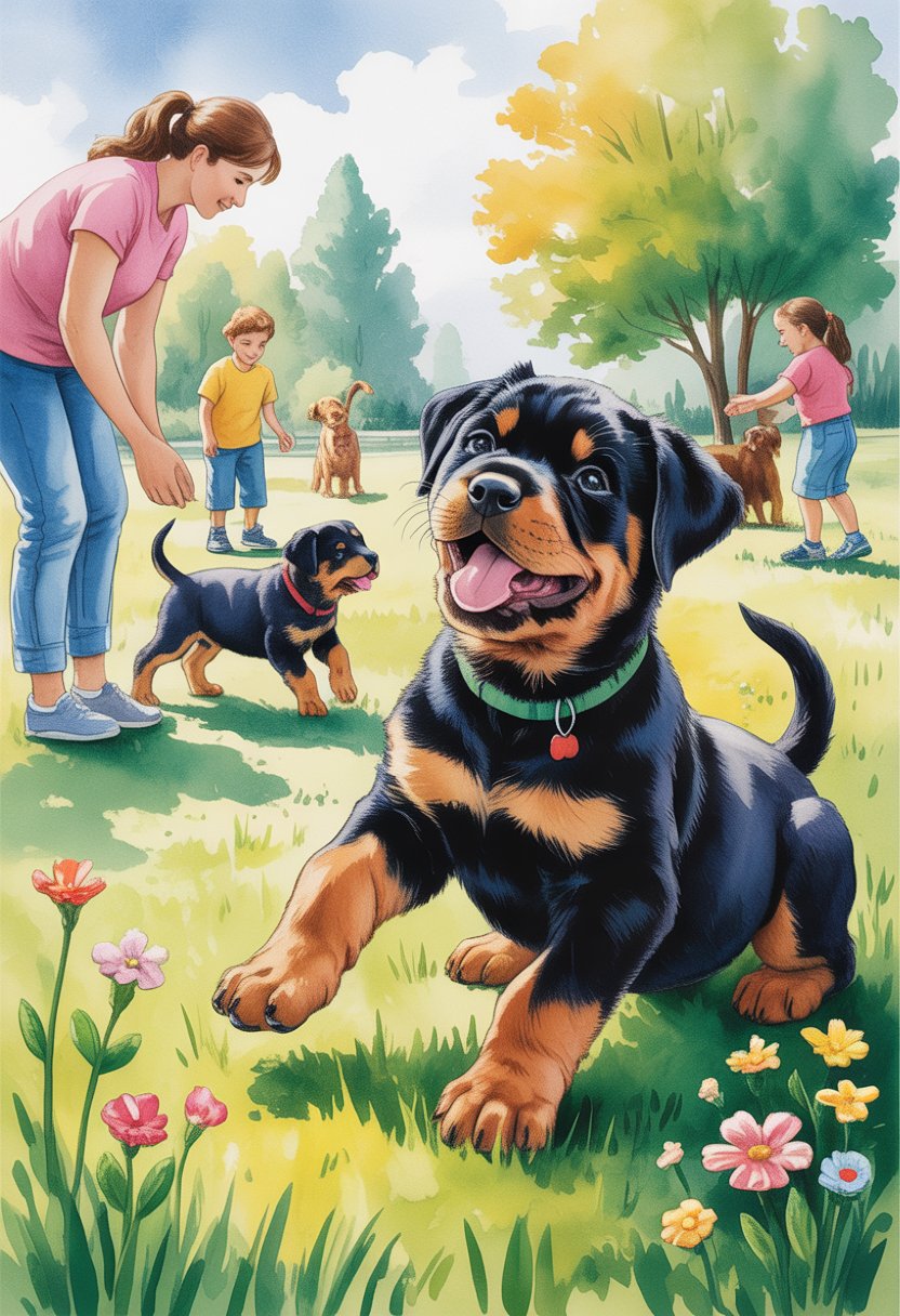 A Rottweiler puppy playing with children and other dogs in a sunny park while being guided by an adult.