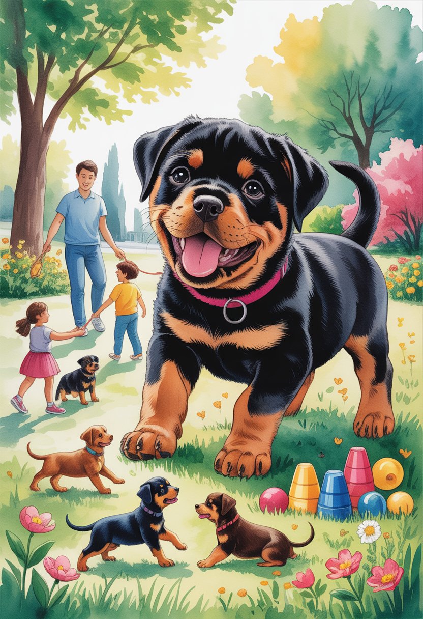 A happy Rottweiler puppy playing with children and other dogs in a sunny park surrounded by trees and flowers.