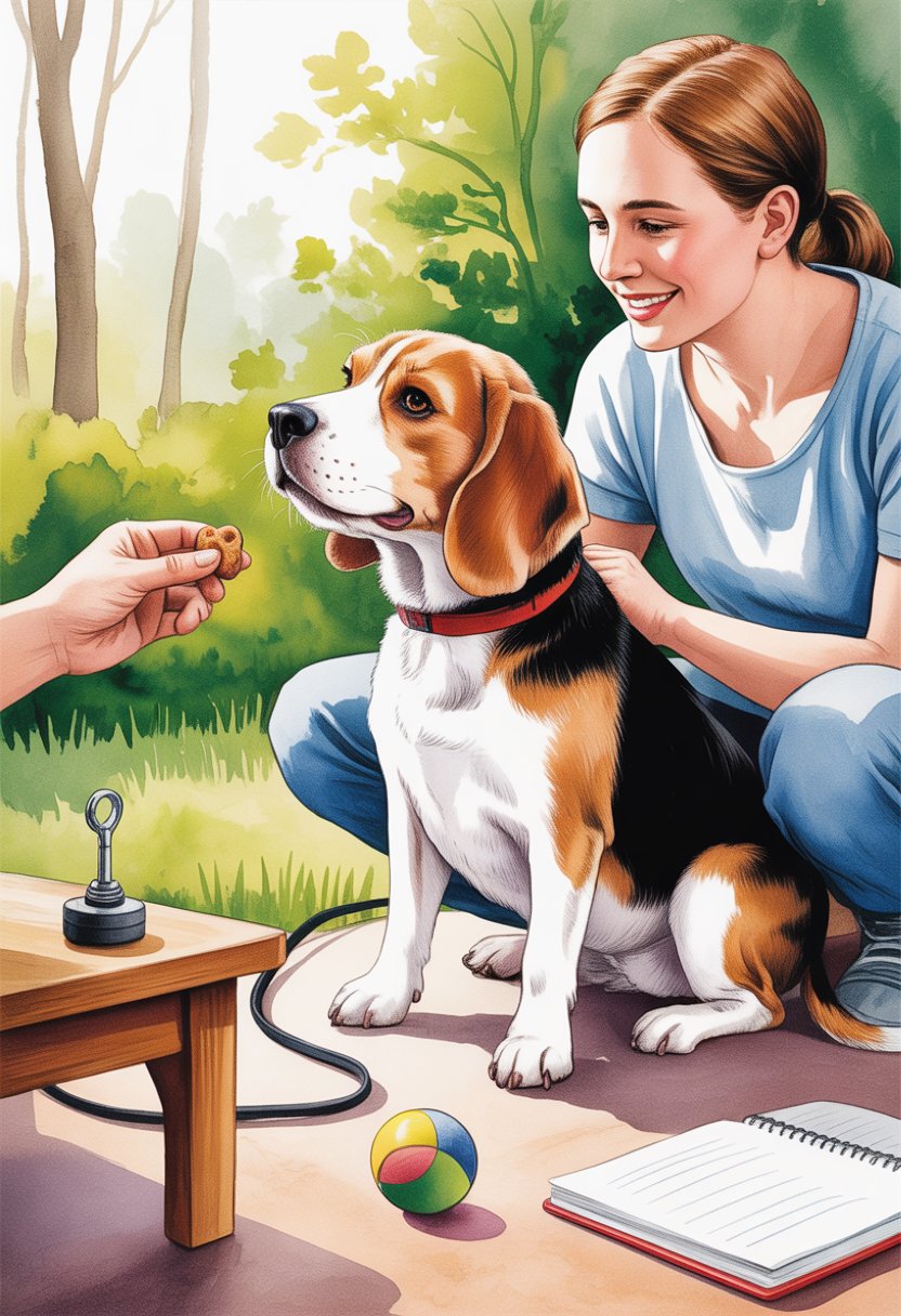 A beagle dog sitting attentively in a training setting with a trainer nearby and various training tools like a treat, leash, and toy around them.