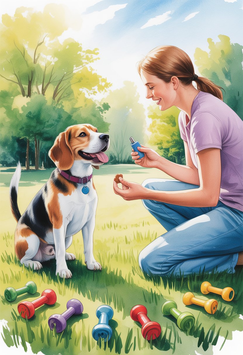 A Beagle dog sitting attentively in a park, focused on a person holding a clicker and a treat during training.