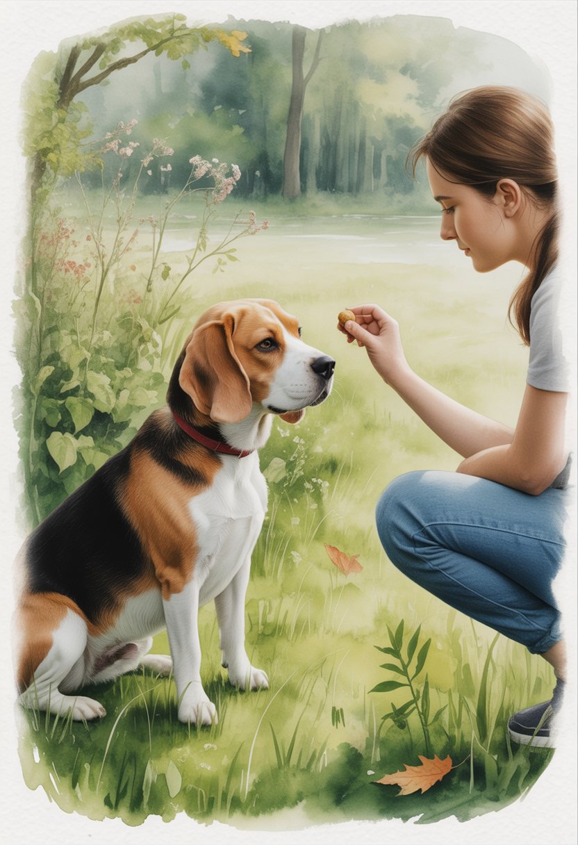 A Beagle dog sitting attentively in a quiet park with a person kneeling nearby holding a treat.