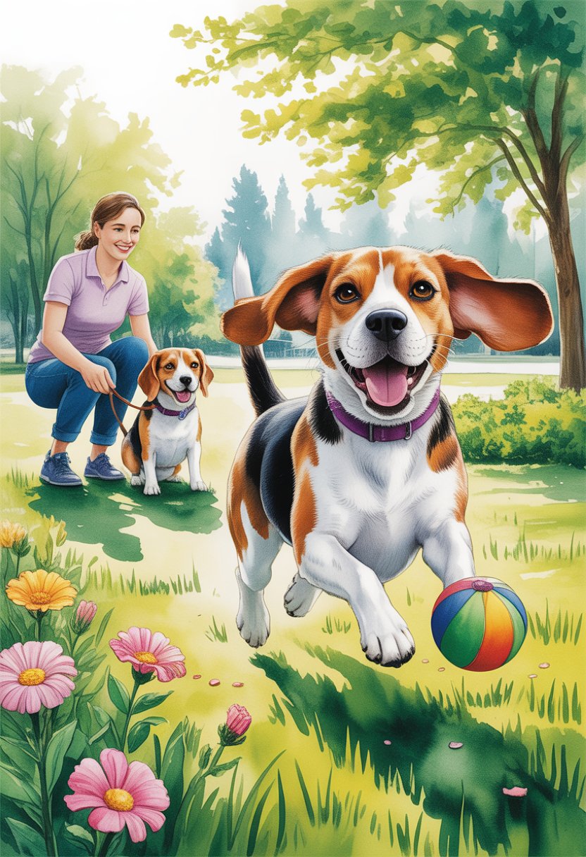 A Beagle dog running and playing fetch in a park while another Beagle sits attentively next to a trainer holding a treat.