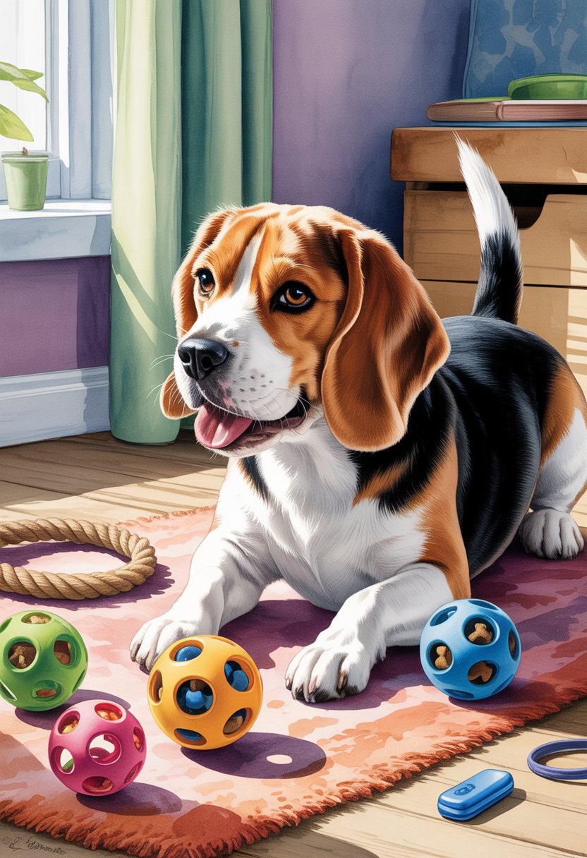 A Beagle dog playing with interactive toys indoors, focused and attentive in a cozy room with sunlight coming through a window.