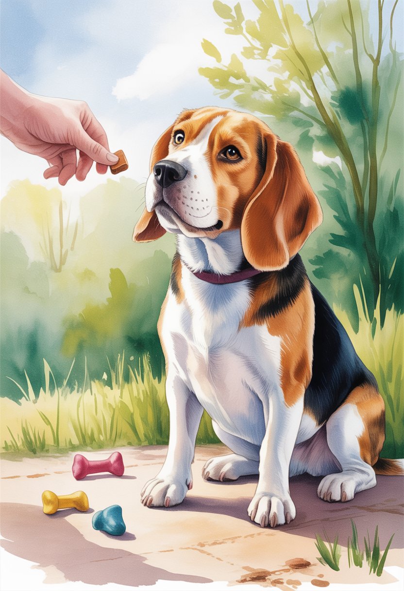 A Beagle dog sitting attentively outdoors with a human hand offering a treat nearby, surrounded by toys and greenery.