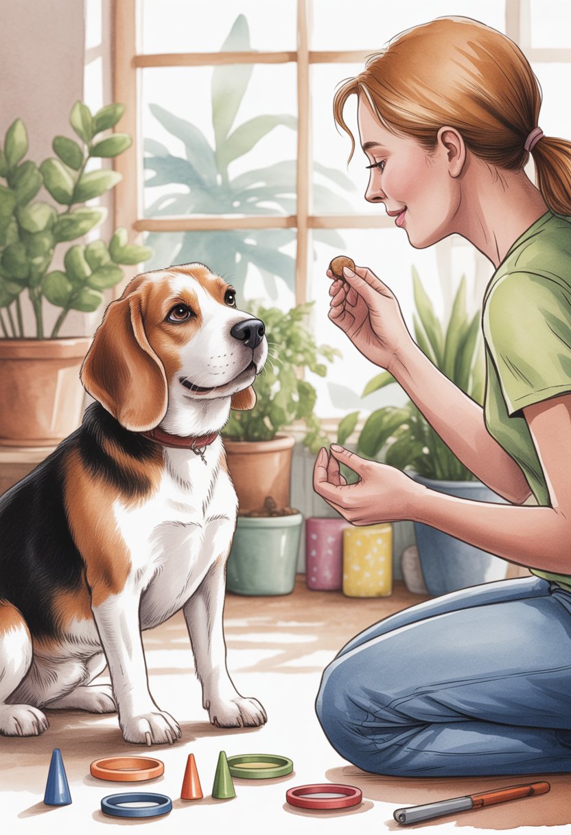A Beagle dog sitting attentively while a person kneels nearby holding a treat in a cozy indoor training space with plants and training tools.
