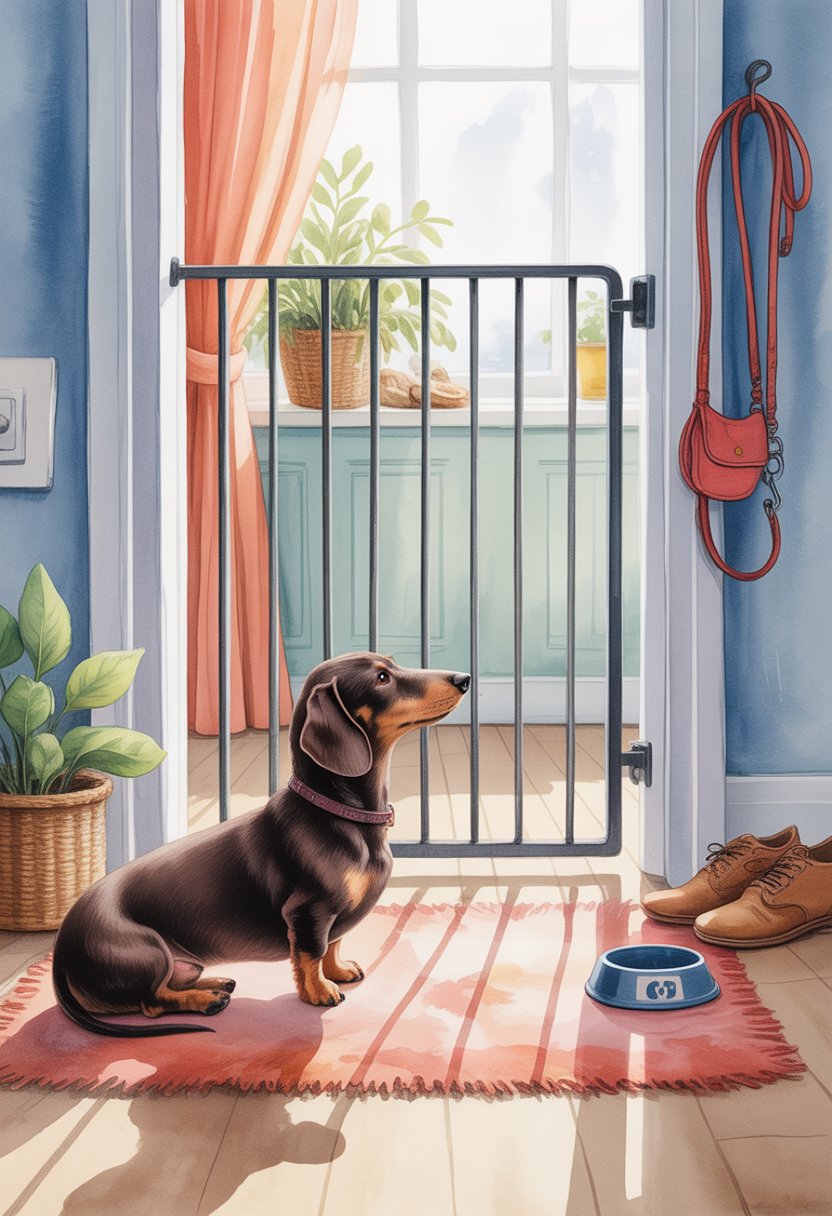 A dachshund sitting calmly near a closed gate inside a cozy room with shoes by the door, a food bowl, and a leash hanging on the wall.