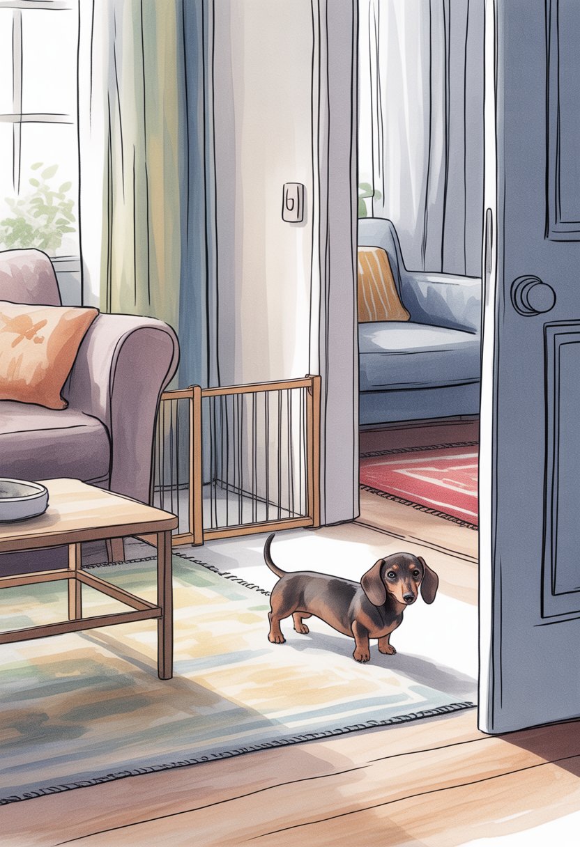 A small dachshund near a wooden gate and a closed door inside a cozy living room with furniture, showing the dog respecting boundaries within a home.
