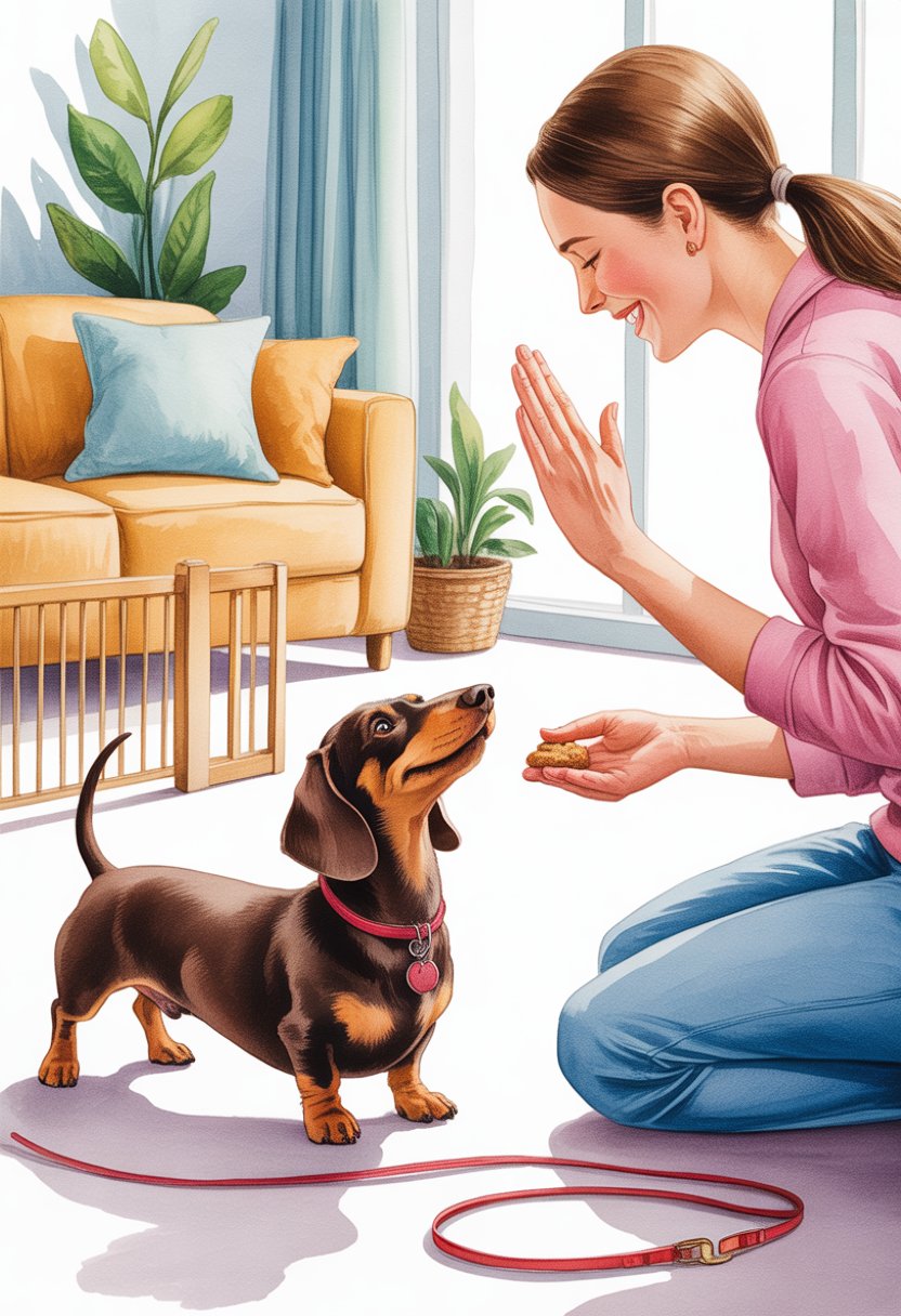 A dachshund happily receiving a treat from its owner inside a cozy living room, showing a moment of training and positive interaction.