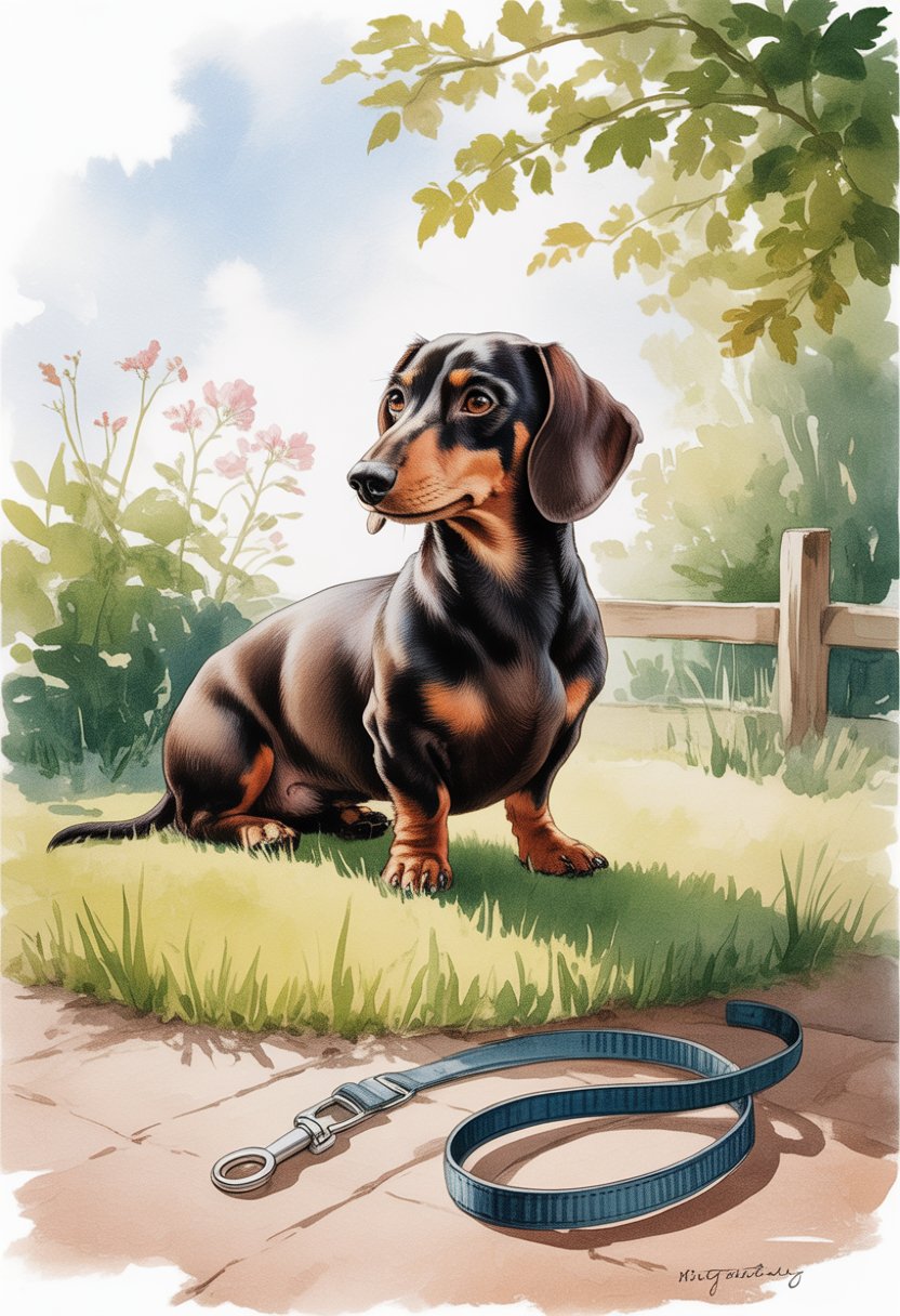 A calm dachshund sitting quietly on grass in a garden with trees and a wooden fence in the background.