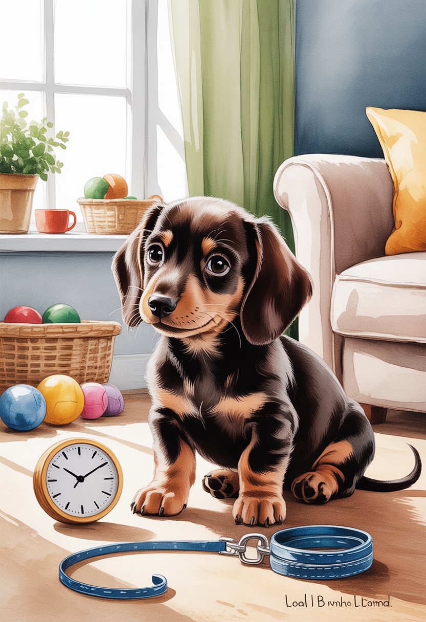 A Dachshund puppy sitting calmly indoors next to a clock and leash, surrounded by toys in a tidy living room.