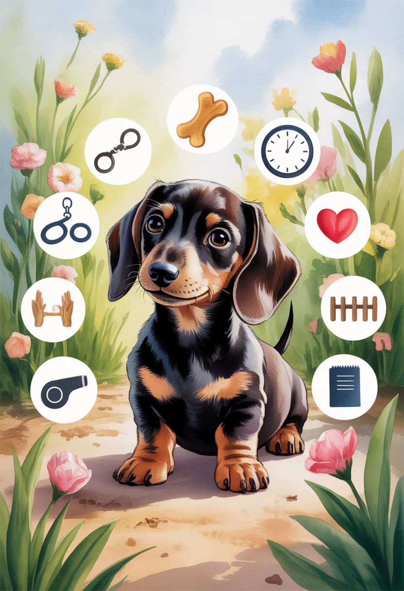 A Dachshund puppy sitting attentively surrounded by eight symbols representing training rules in a peaceful garden.