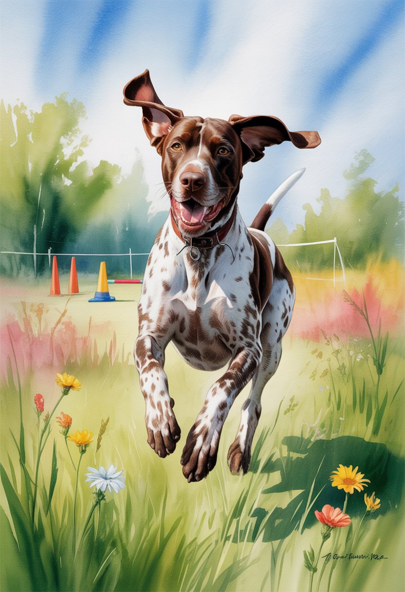 A German Shorthaired Pointer running energetically through a grassy meadow with wildflowers and training equipment in the background.