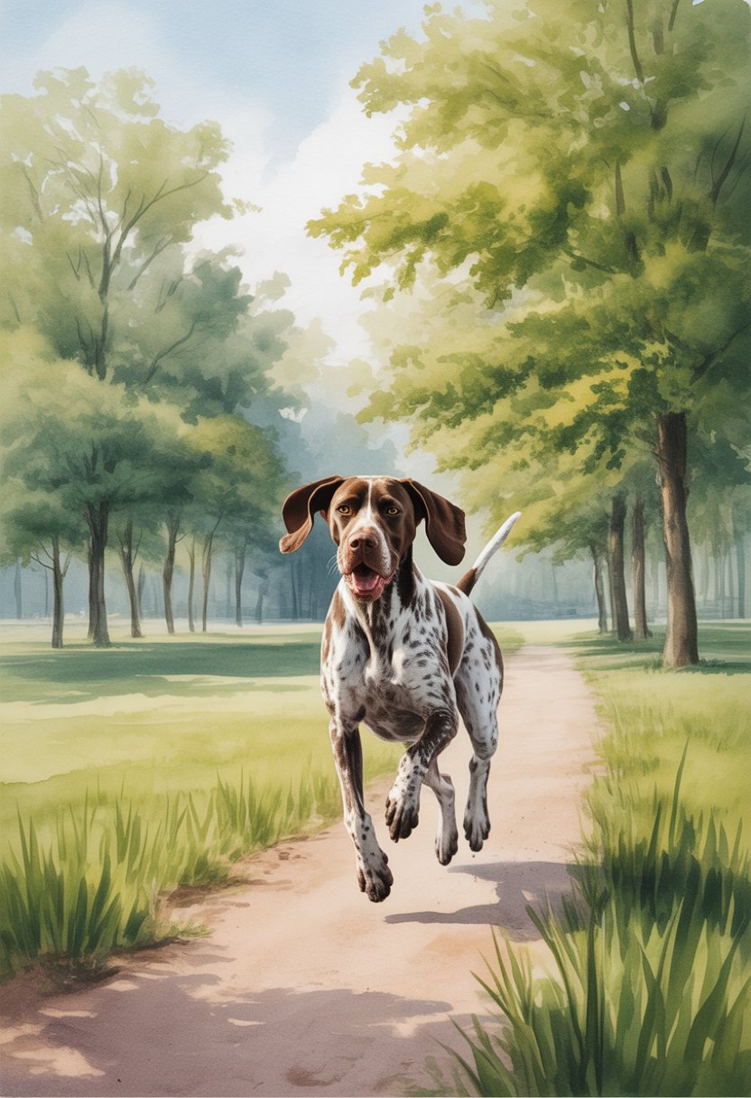 A German Shorthaired Pointer dog running energetically in a sunlit park with trees and a walking path.