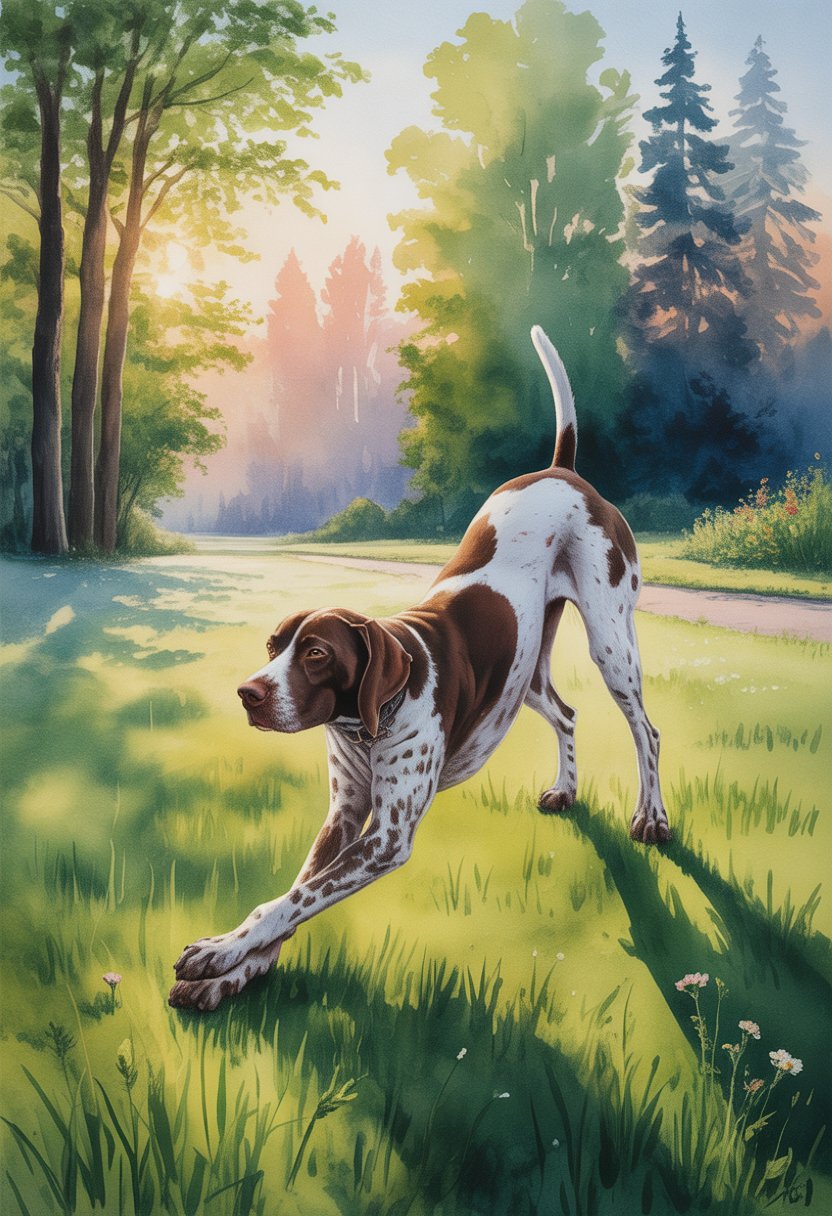 A German Shorthaired Pointer dog stretching in a green park with trees and flowers at sunrise.