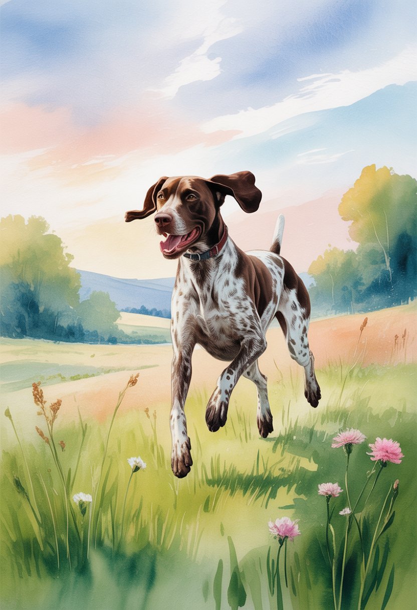 A German Shorthaired Pointer running happily in a green meadow with wildflowers and hills in the background.
