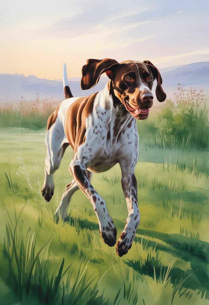 A German Shorthaired Pointer running energetically across a green field at dawn with rolling hills in the background.
