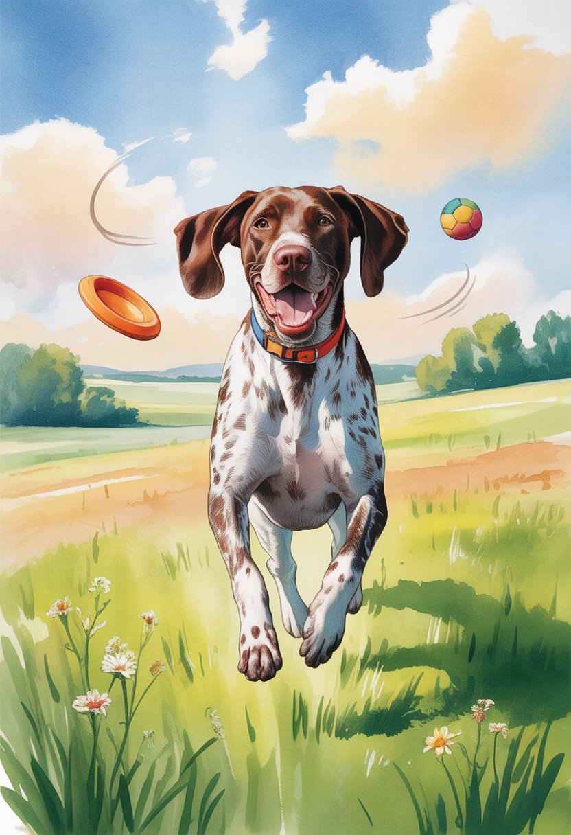 A German Shorthaired Pointer dog running energetically in a green field with a frisbee and ball nearby, surrounded by hills and wildflowers.