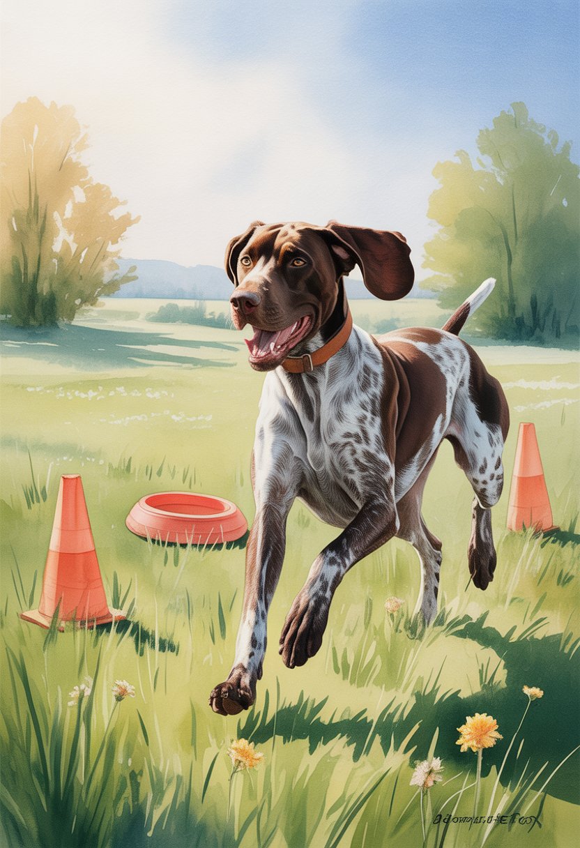 A German Shorthaired Pointer running energetically through a grassy field with training equipment and trees in the background.