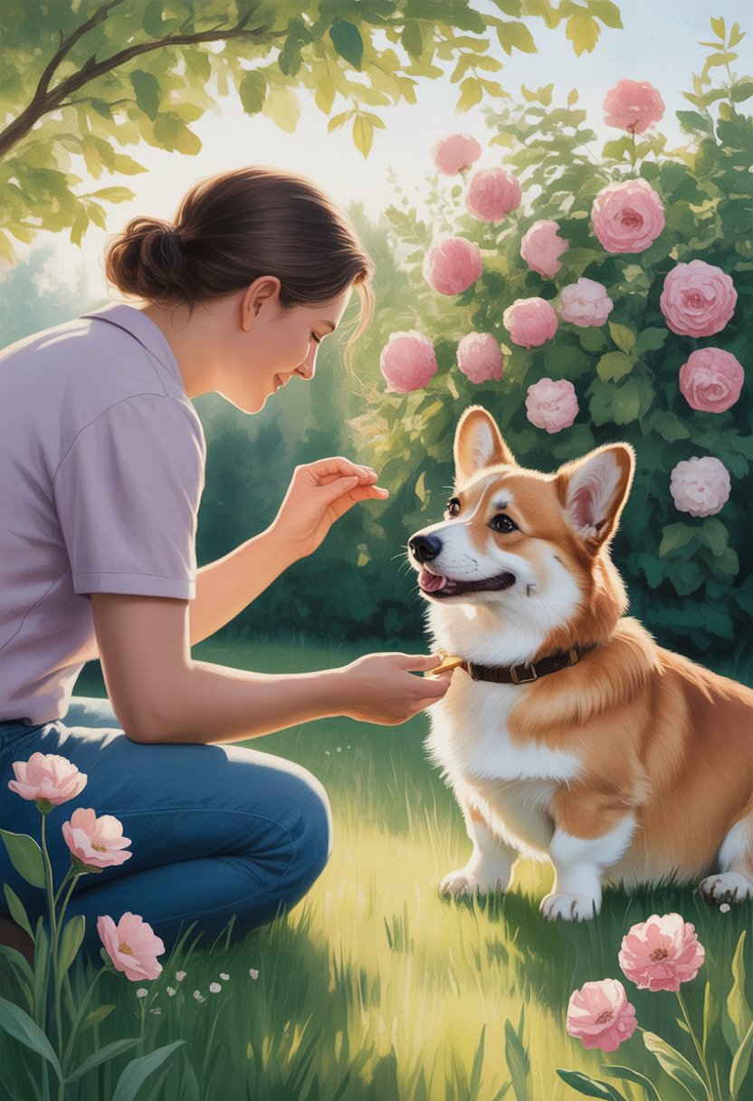 A person calmly training a friendly corgi dog in a peaceful garden with flowers and trees.