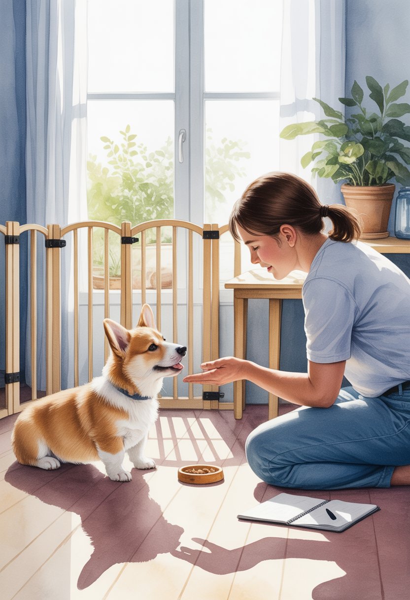 A person training a corgi puppy inside a cozy room with a low wooden fence, creating a calm and secure environment.