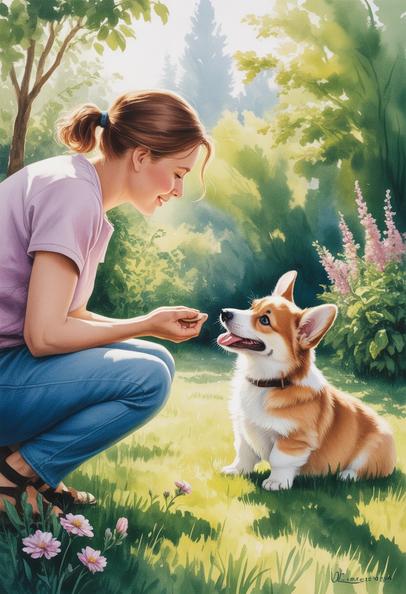 A person calmly training a corgi puppy in a sunlit garden surrounded by grass and flowers.