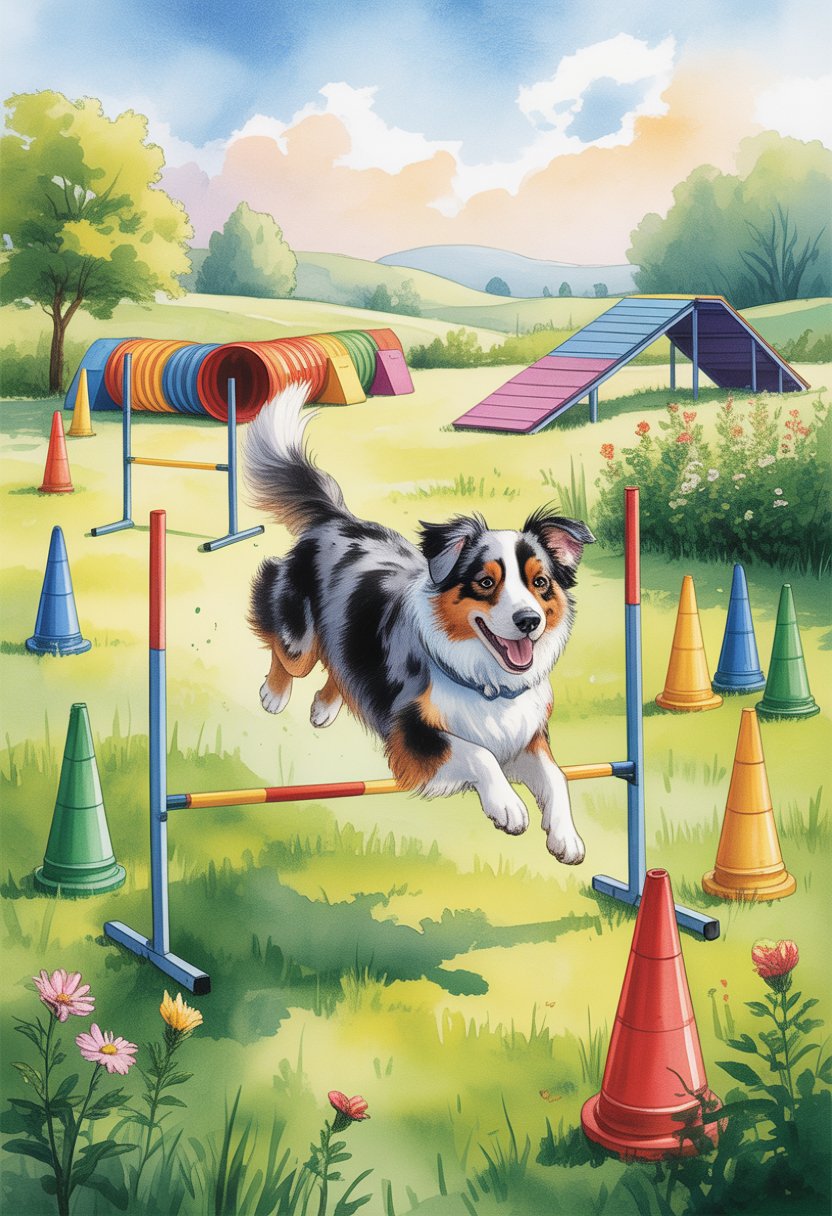 An Australian Shepherd dog running through an outdoor obstacle course with hurdles, tunnels, and poles in a green park.
