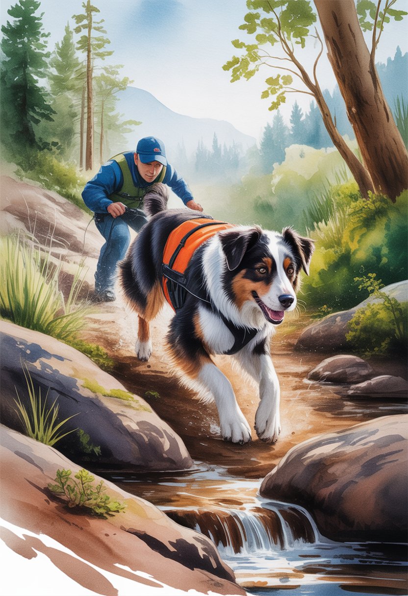 An Australian Shepherd wearing a rescue vest works with a handler in a forested area during search and rescue training.