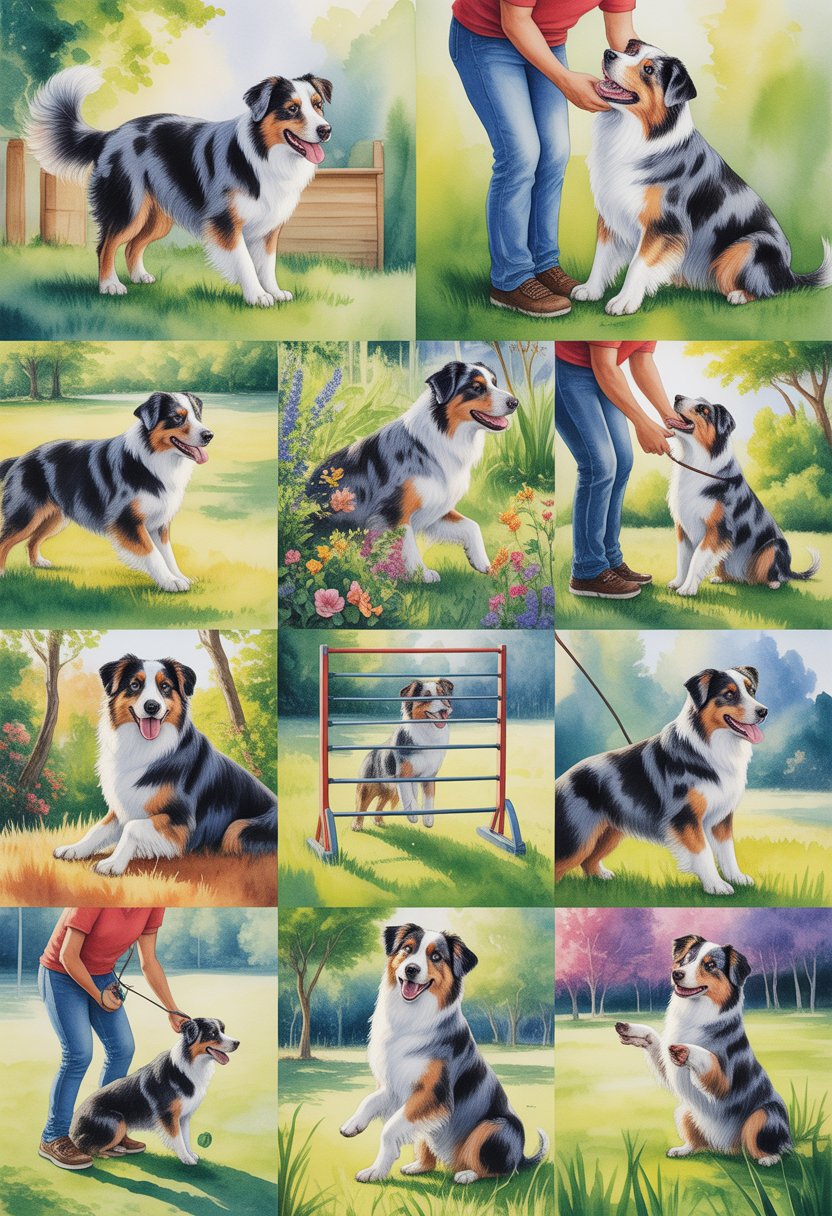 An Australian Shepherd happily performing various obedience training activities outdoors with a trainer in a green, sunny park.