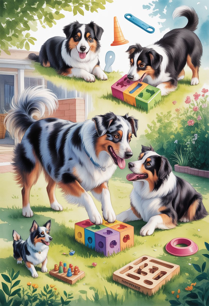 An Australian Shepherd dog playing with puzzle feeders and training toys in a sunny backyard garden.