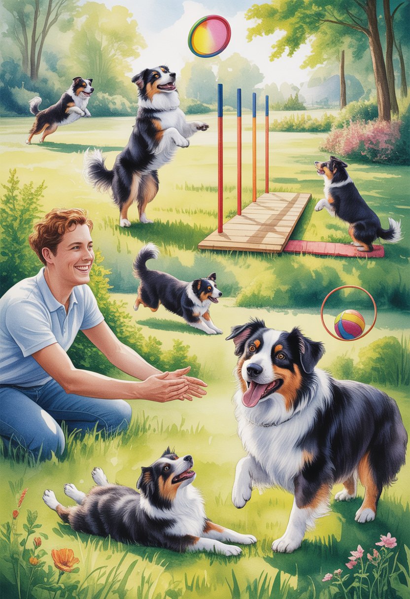 An Australian Shepherd dog happily performing various tricks outdoors in a sunny park with trees and flowers.