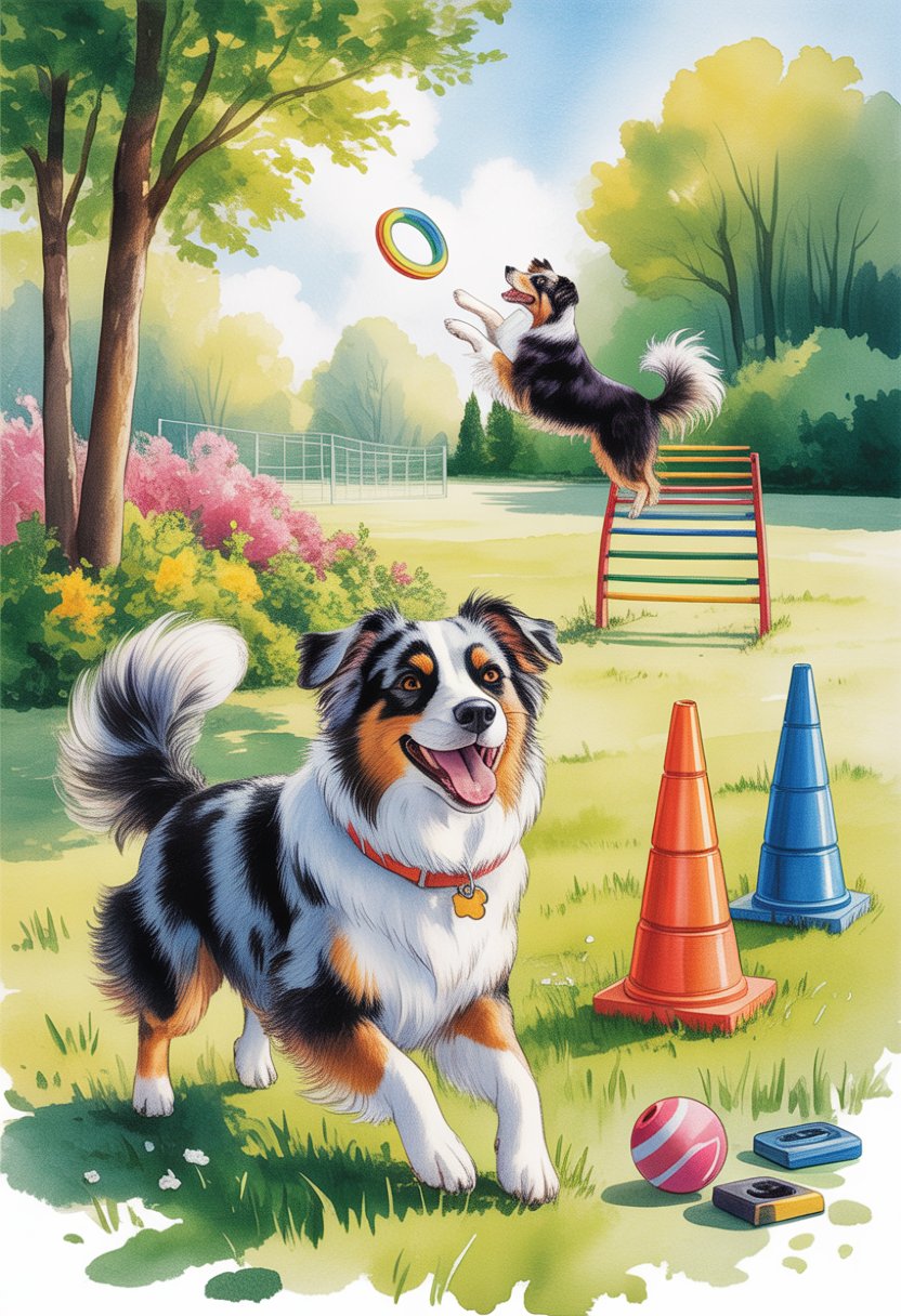 An Australian Shepherd dog happily playing and training outdoors in a green park with trees and flowers.