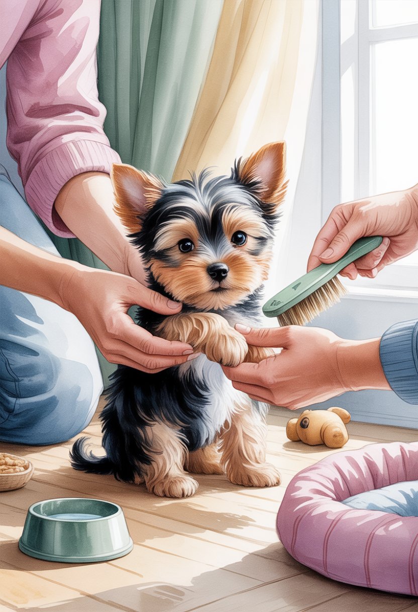 A small Yorkshire Terrier puppy being gently cared for by a person in a cozy indoor setting.