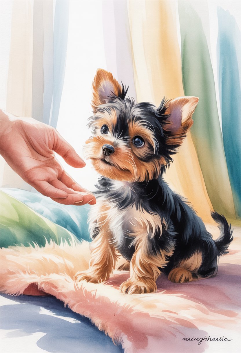 A small Yorkie puppy sitting attentively with a gentle hand reaching out, in a calm and cozy indoor setting.