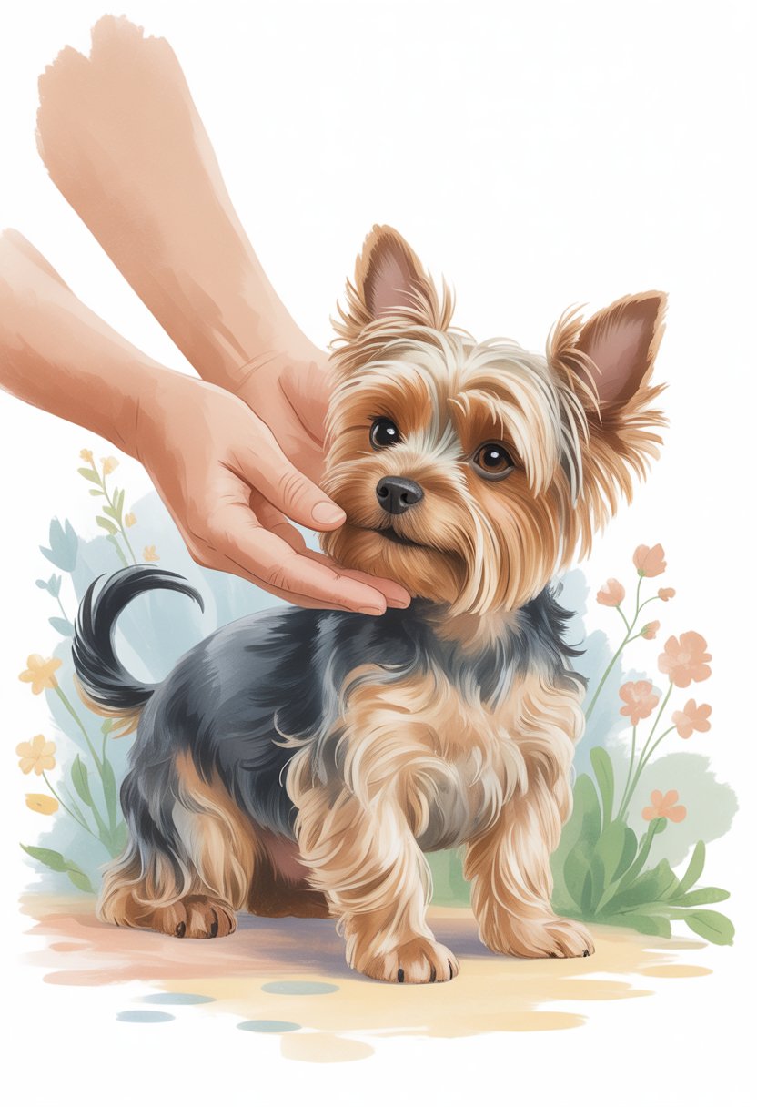 A small Yorkshire Terrier being gently petted by a caring hand, looking calm and happy in a peaceful setting.