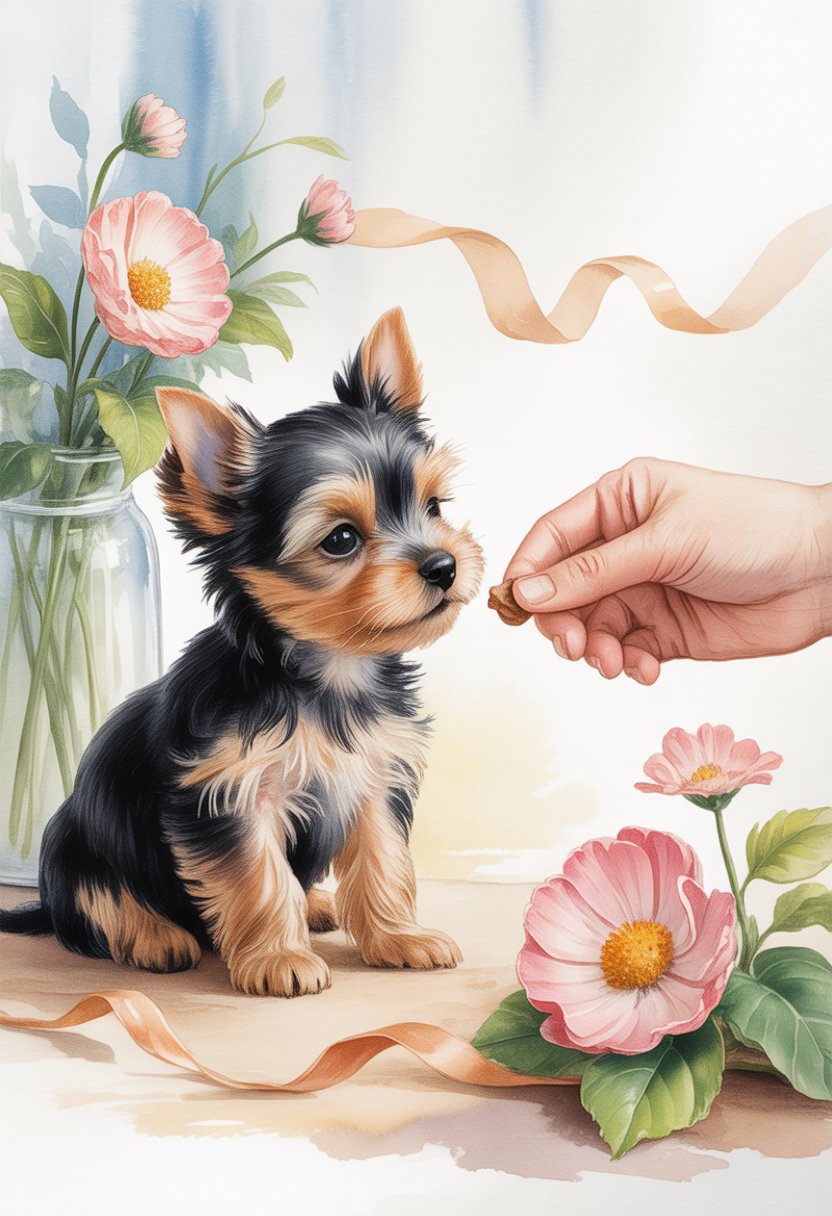 A small Yorkshire Terrier puppy sitting calmly while a hand gently offers a tiny treat in a peaceful setting with soft flowers and light colors.
