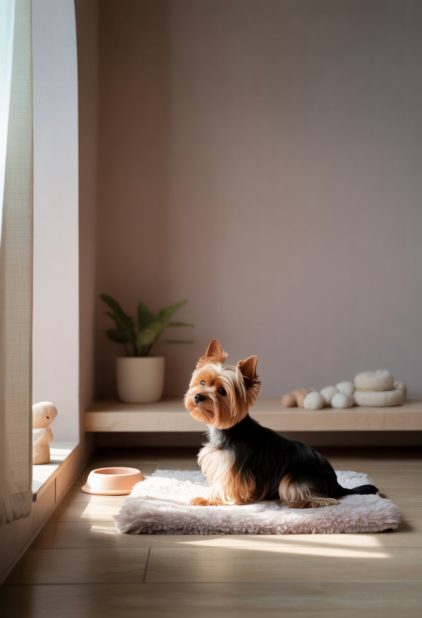 A small Yorkie sitting calmly on a mat in a quiet, tidy room with soft natural light and minimal decor.