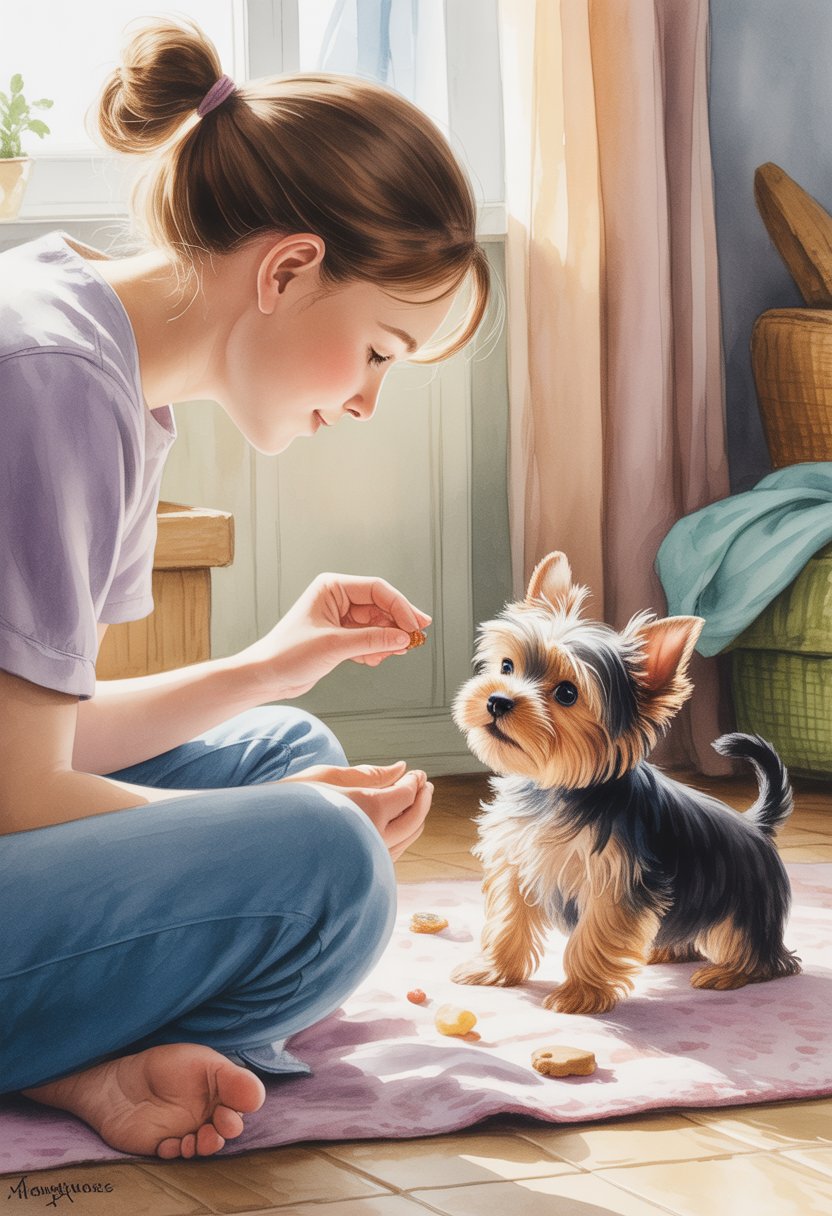 A small Yorkshire Terrier puppy being gently trained by a person sitting on the floor in a cozy room.
