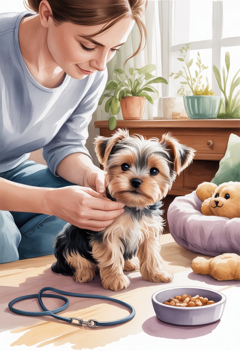 A small Yorkshire Terrier puppy being gently handled by a person in a cozy room with soft sunlight and plants.