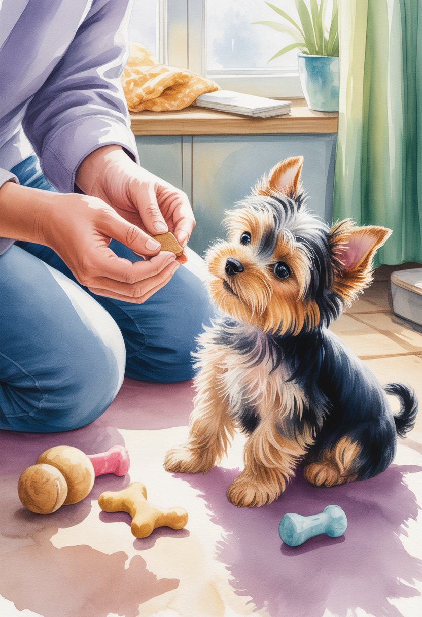 A small Yorkshire Terrier puppy sitting attentively while a person gently offers a treat, creating a warm and trusting atmosphere indoors.