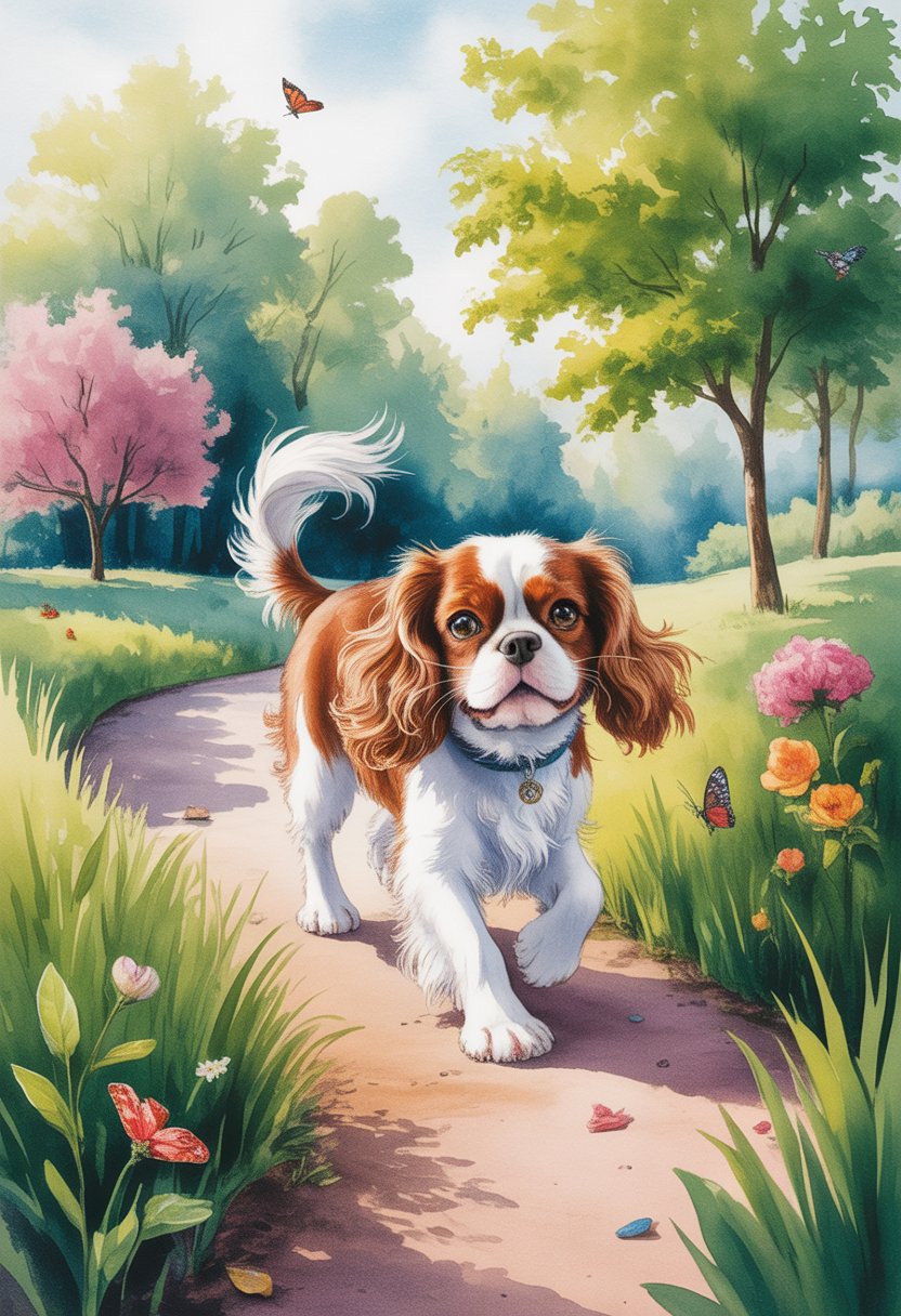 A Cavalier King Charles Spaniel walking on a path through a green park with trees and flowers, looking curious and happy.