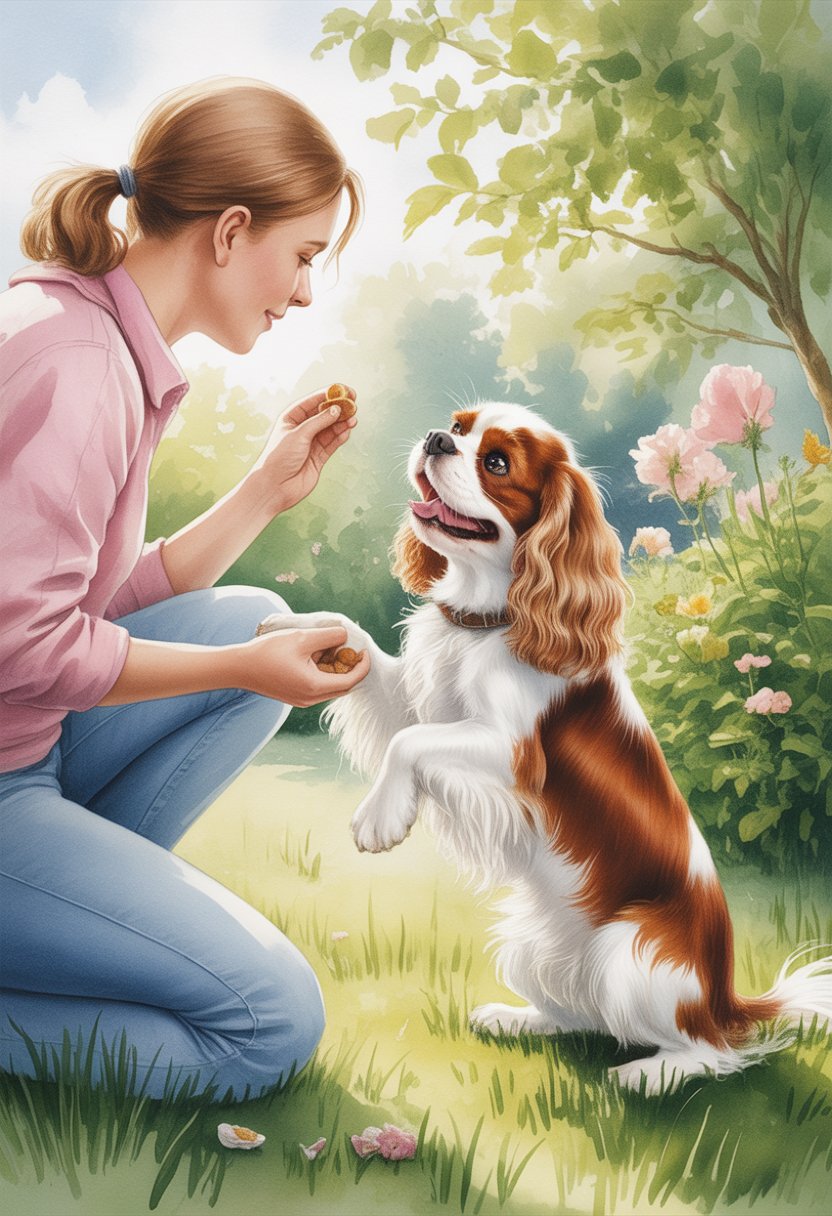 A Cavalier King Charles Spaniel happily interacting with a person in a garden while receiving treats during training exercises.