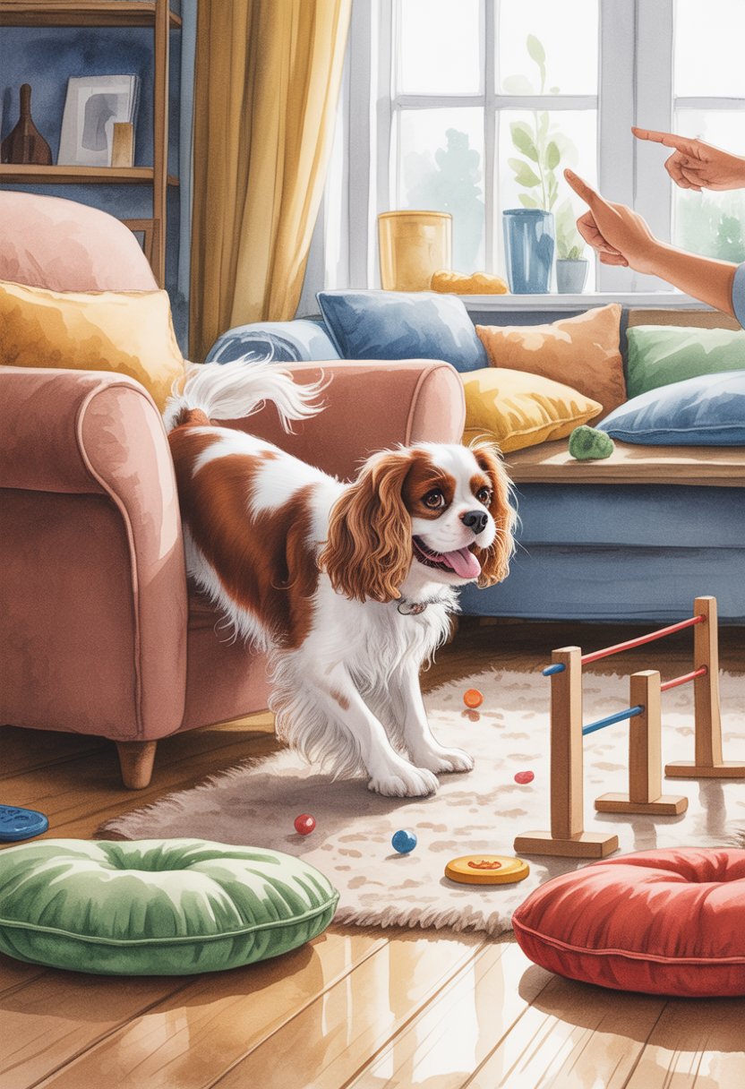 A Cavalier King Charles Spaniel playing hide and seek indoors, partially hidden behind an armchair in a cozy living room with toys and cushions around.