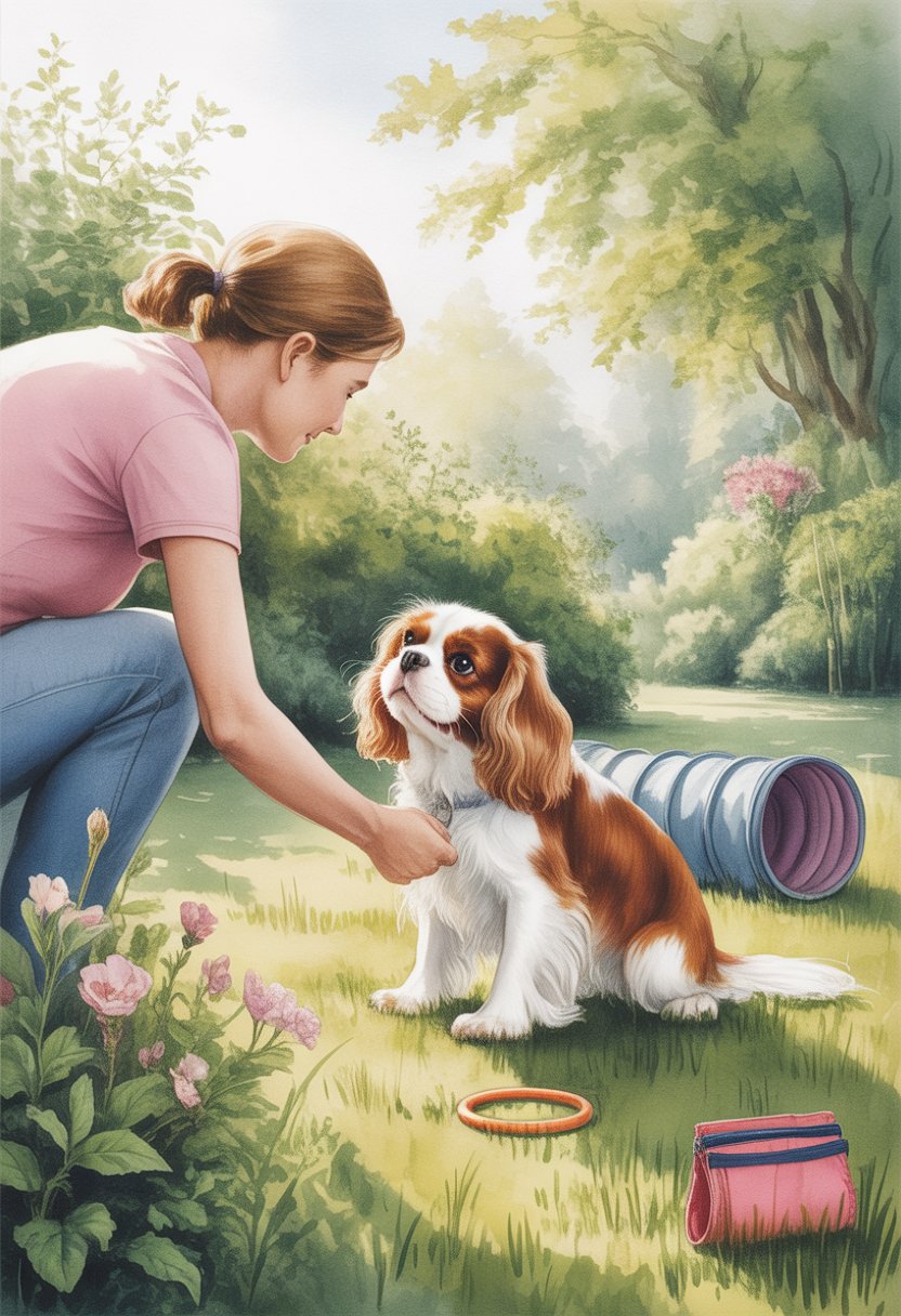 A Cavalier King Charles Spaniel attentively interacting with a person in a sunny garden surrounded by plants and training equipment.