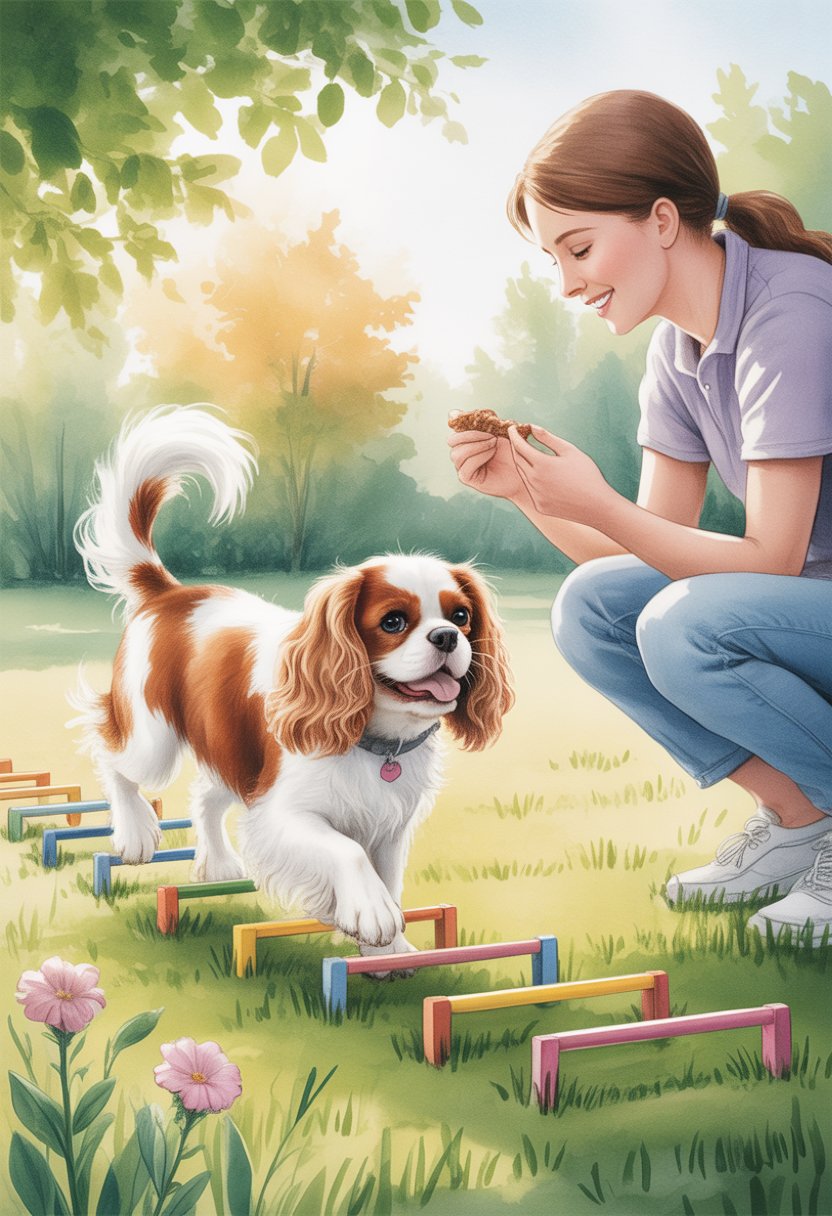 A Cavalier King Charles Spaniel happily participating in gentle training exercises outdoors with a smiling trainer in a sunny, grassy area surrounded by trees and flowers.